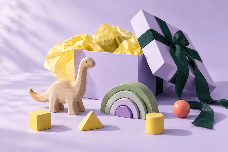 Une boîte cadeau lilas entourée de jouets en bois : illustration d’ambiance
