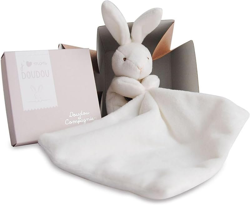 Doudou et Compagnie - Doudou Lapin Mouchoir - Boîte en Forme de Fleur - Blanc - 10 Cm - Idée Cadeau de Naissance Fille et Garçon - Garantie