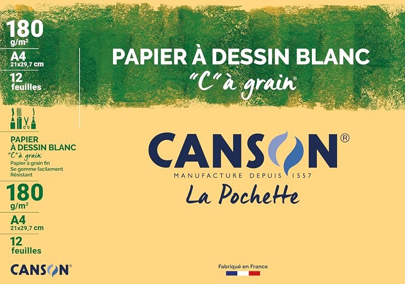 CANSON "C" à Grain - Pochette 12 feuilles de papier dessin blanc A4 - 180g/m²