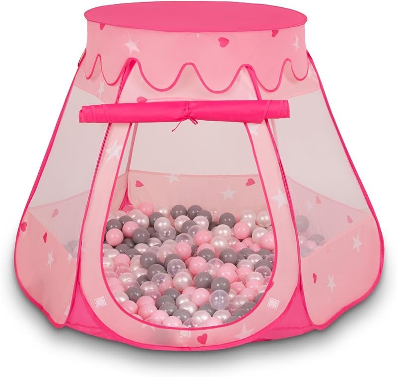 Selonis Tente 105X90cm/100 Balles Château avec Les Balles Plastiques Piscine À Balles pour Enfants, Rose: Perle-Gris-Transparent-Rose Poudré