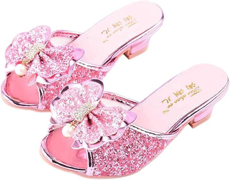 Sandale à Talon Haut Mules Bouche de Poisson Argenté Paillette Noeuds Métal Crystal Incrusté Perle Fille Princesse Déguisement Chaussures