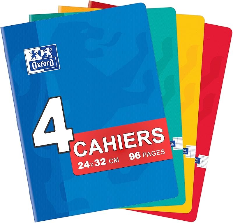 OXFORD Color Life Lot de 4 Cahiers 24x32cm Grands Carreaux 96 Pages Agrafées Seyès Couleurs Assorties