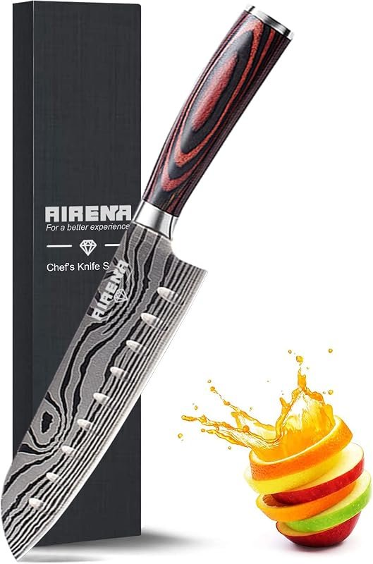 Couteau Santoku à lame damassée et manche en bois