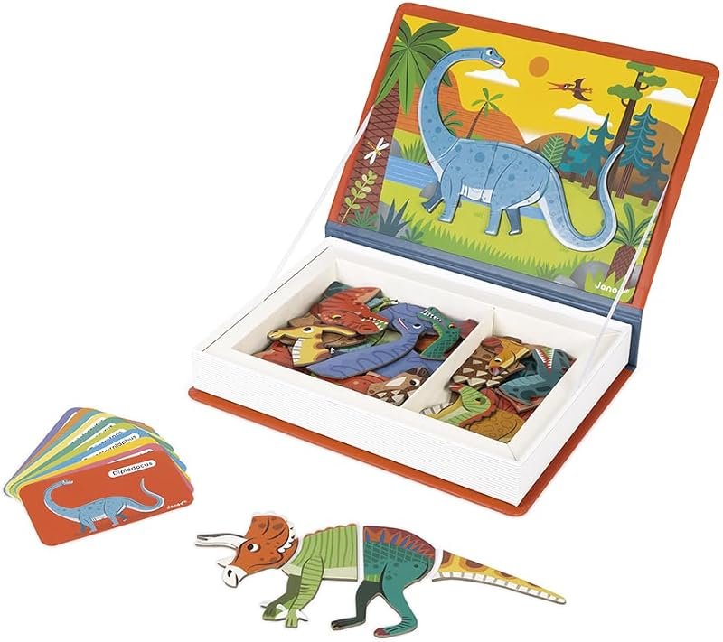 Janod - Magneti'Book Dinosaures - Jeu Educatif Magnétique 50 Pièces - Apprentissage Motricité Fine et Imagination - Certifié FSC - Dès 3