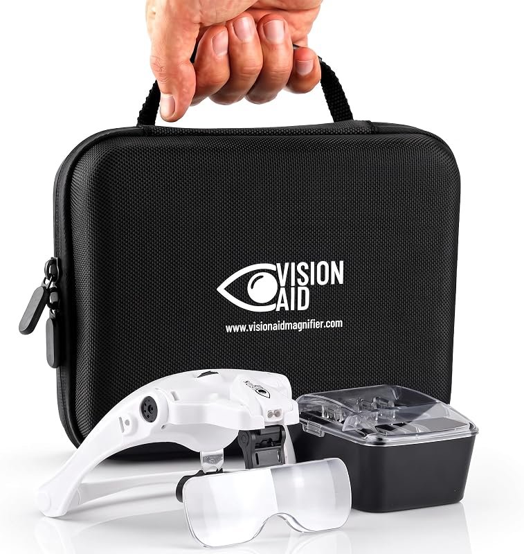 Vision Aid – Lunettes loupe avec lumière LED, 5 verres, bandeau, étui de rangement, loupe mains libres pour loisirs créatifs