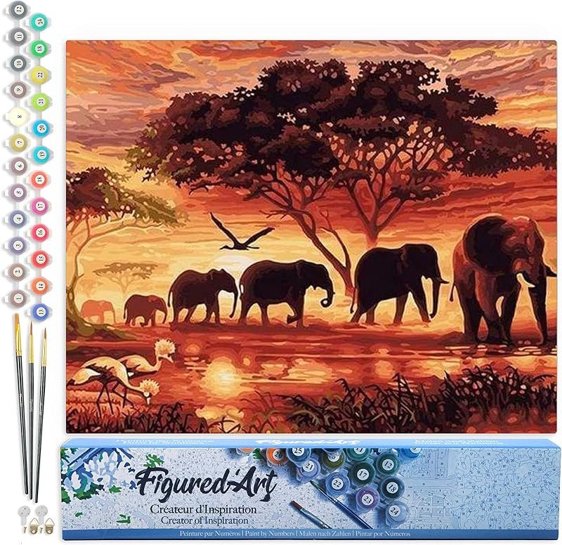 Toile peinture par numéros éléphants coucher de soleil