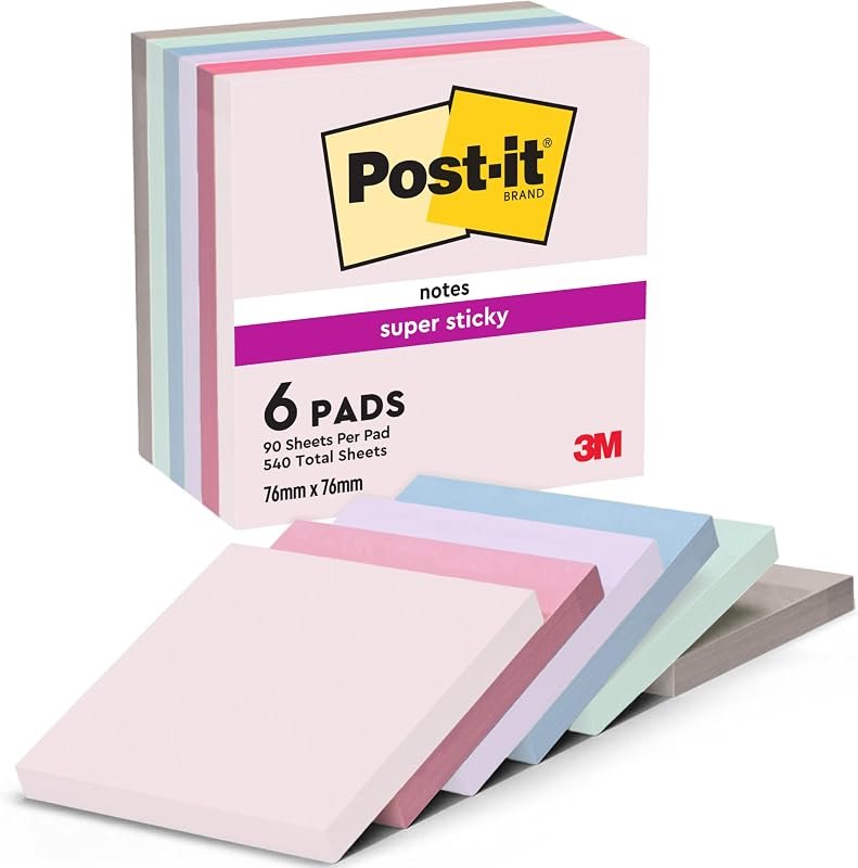 Post-it Notes Autocollantes Super Sticky, Couleurs Soulful, Pack de 6 Blocs, 90 Feuilles par Bloc, 76 mm x 76 mm - Feuillets Super Adhésifs