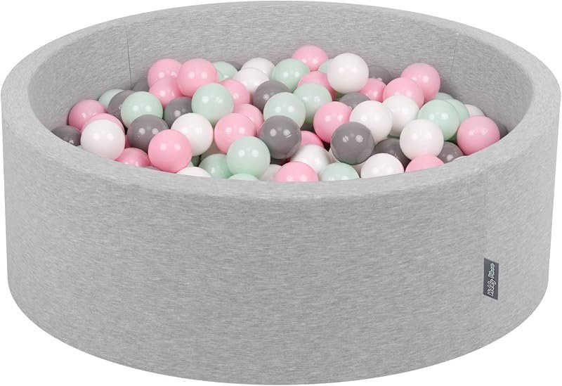 KiddyMoon Piscine À Balles pour Bébé Rond 90X30cm/300 Balles 7Cm Fosses À Boules Jouet Enfant, Gris Clair:Blanc/Gris/Menthe/Rose Poudré