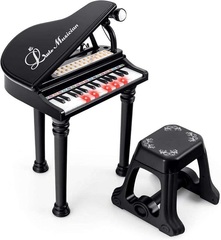 COSTWAY Piano Numérique 31 Touches pour Enfants avec Tabouret & Microphone, Piano Electronique Portable avec Mode d'Enseignement LED & MP3