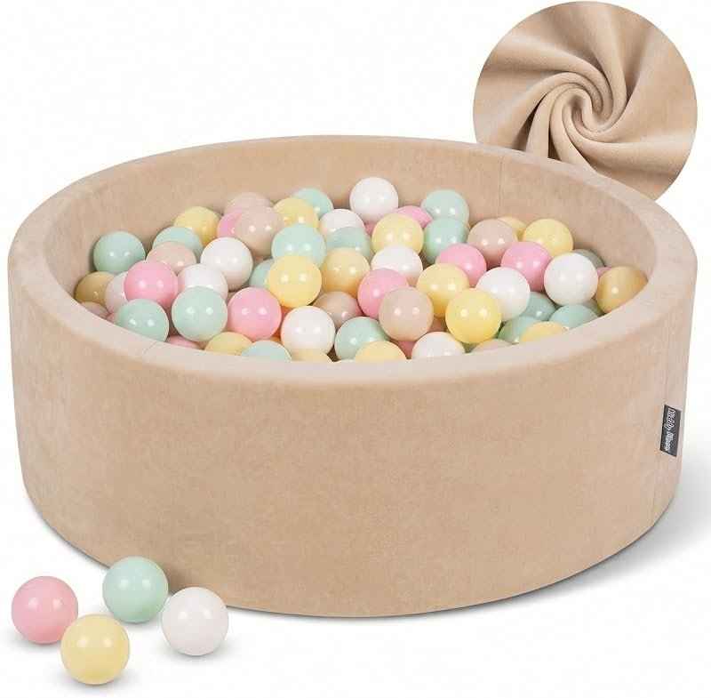 KiddyMoon pour Bébés Piscine à Balles Velours Ronde 90x30 avec 200 Balles 7cm Aire de Jeu Enfants Plaisir Beige Sableux - Beige Pastel