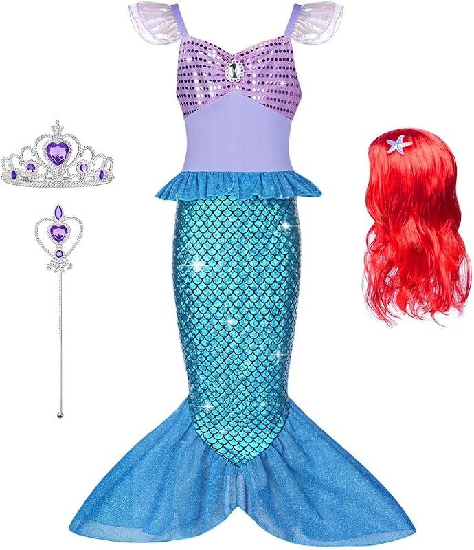 AOOWU Deguisement Robe Petite Sirene Princesse Costume avec Perruque pour Enfant Fille, Robe Inclus Couronne avec Baguette Magique pour