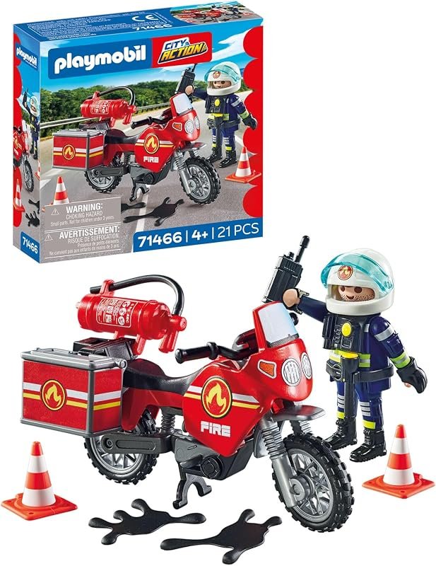 Playmobil 71466 Pompier et Moto - Action Hereos - avec Un Personnage, Une Moto équipée d'un extincteur, Une Boite à Bagages et des pylônes