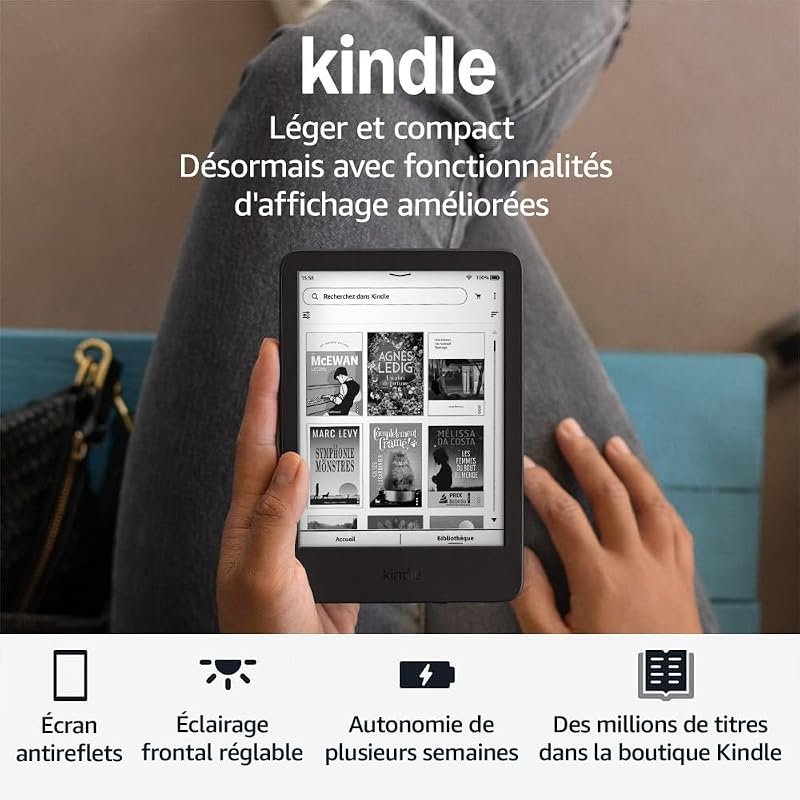 Liseuse noire fine affichant une page de texte