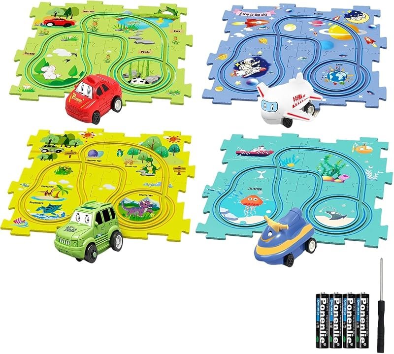 Circuit Voiture Enfant Petites Jouet pour Enfants DIY Piste de Puzzle Itinéraire Jeu éducatif Cadeaux Jeux Enfants 2 3 4 5 6 Ans (4 Thèmes)