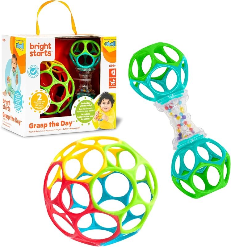 Bright Starts, Set Cadeau Easy-Grasp Oball Bundle - Grasp the Day, Balle et Hochet, Set de 2 Jouets Sans BPA, Unisexe, Nouveau-nés et Plus