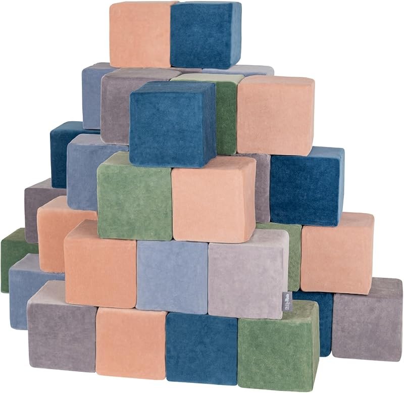 KiddyMoon Blocs De Construction 48 Pièces en Mousse pour Bébé Jouet Éducatif Housse en Velours, Cubes: Bleu Lagune-Vert Forêt-Rose De