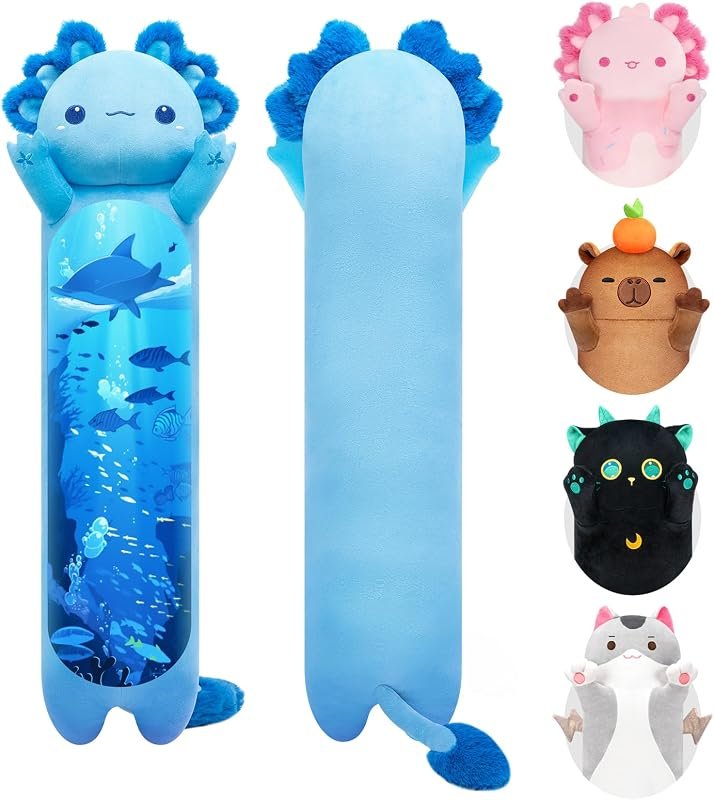Mewaii Kawaii Peluche Axolotl Largo Long 50CM, Coussin Jouet Moelleux et Confortable Oreiller Salamandre Azul Cojines de Felpa Perfectos