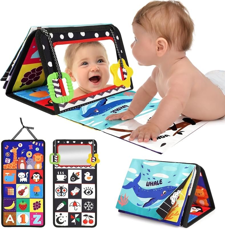 URMYWO Jouet Bébé 0-12 Mois, Livre Bébé avec Miroir Et Anneau De Dentition