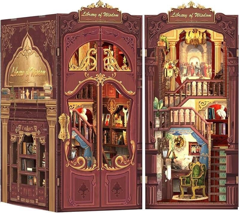 Fsolis DIY Book Nook, Maison de poupée Mini kit de Maison avec des Meubles en Bois et des lumières LED, Livre Coin étagère Insert Kit, Book