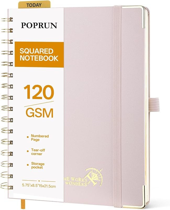 POPRUN Carnet de Notes A5 Cahier Spirale Petits Carreaux Rose clair
