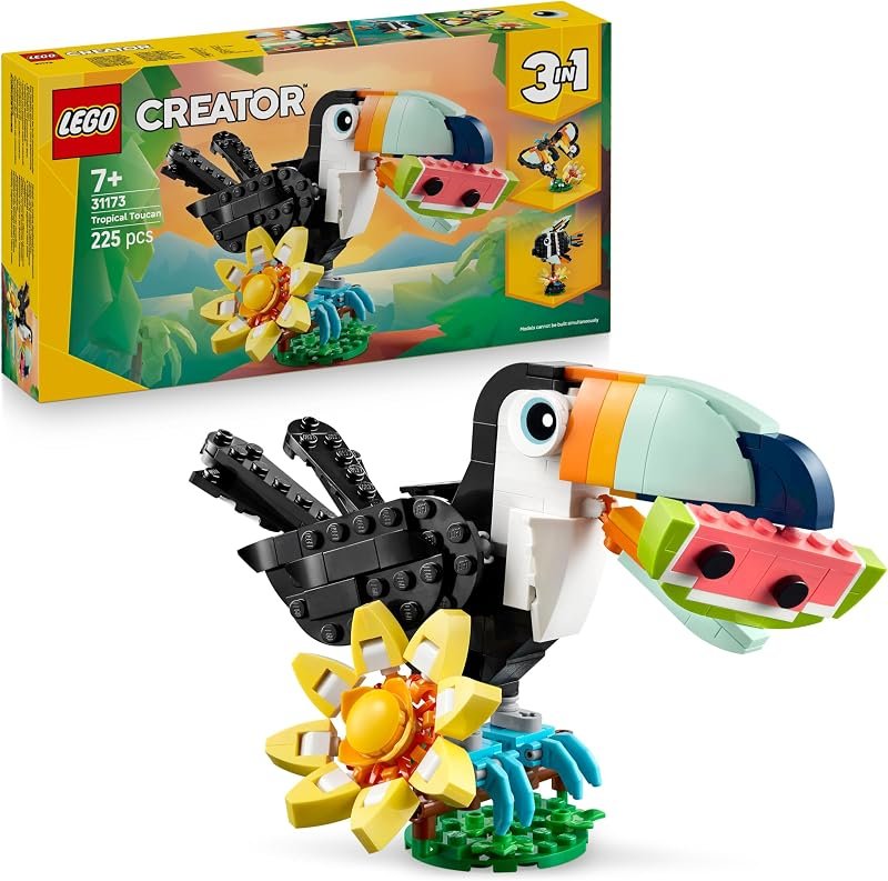 LEGO Creator 3-en-1 Animaux Sauvages : Le Toucan Tropical - Oiseau avec Fleur - Jouet Animal Transformable en Figurine de Papillon ou de