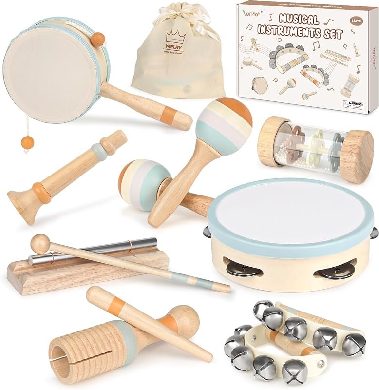 Instrument de Musique Bebe Jouet Bebe Instrument de Musique Enfant Maracas Bébé Tambour Montessori Jouet en Bois Cadeau Enfant 3 4 5 Ans