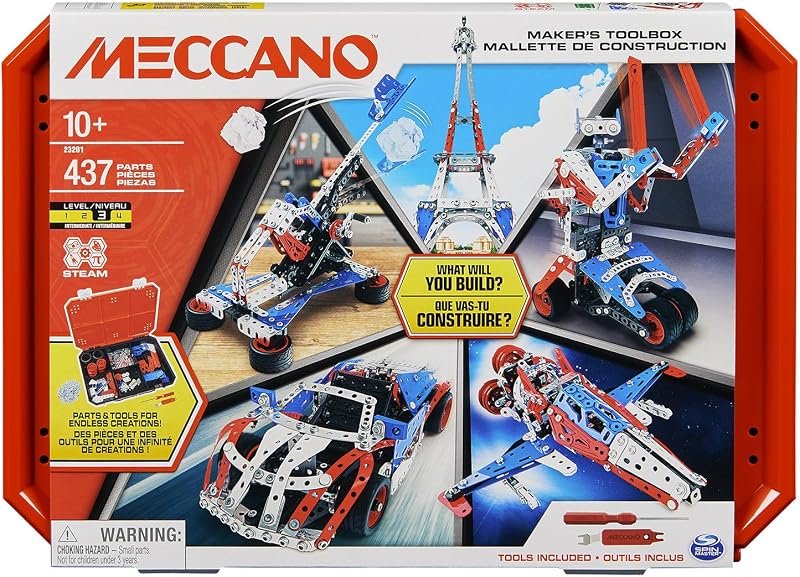 BANDAI - Meccano Mallette de Construction - Coffret de Construction 5 en 1 Véhicules, Robot, Tour Eiffel - 437 pièces, Outils, Notice - Kit