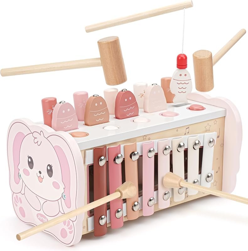 Joyreal Jeux Montessori 1 an - 4 en 1 Xylophone Bebe, Jeu Pêche, Jeu Marteau, Jouet en Bois, Motricité Bébé, Jeux Educatif Jouet d'Éveil