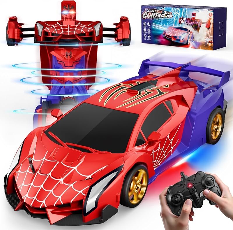 Voiture Télécommandée Transform, Yeux Clignotants & Lumières Sous Châssis, RC 2,4 GHz & Robot Rotation 360° Jouet Garçon 3 4 5 6 7 8 9 Ans