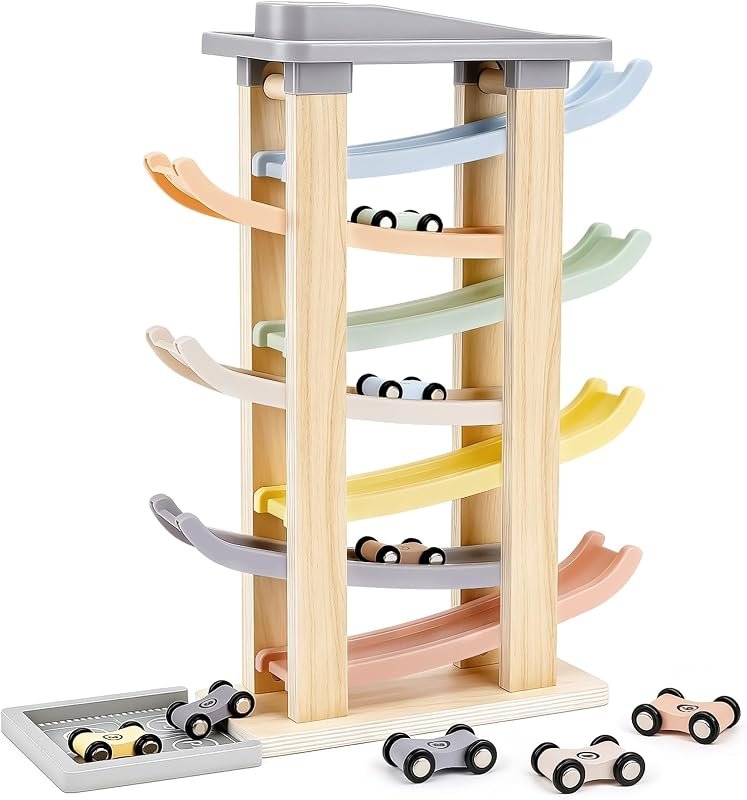 Joyreal Jouet Bebe 1 2 an - Rampe Voiture en Bois, Jeux Montessori avec 8 Mini Voiture Enfant et Un Garage Bois Jouet Cadeau Garcon Fille