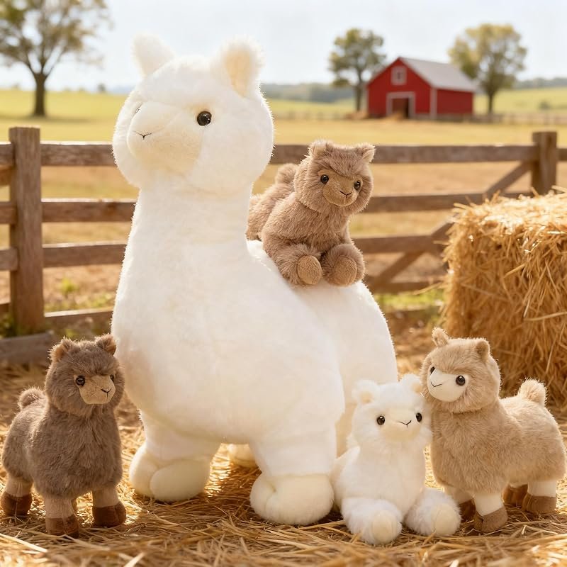 MorisMos XXL Alpaga en Peluche Géants, 45cm Maman avec 4 Kawaii Bébés, Réalistes Alpaga en Peluche Grand Douce Cadeau pour Enfants
