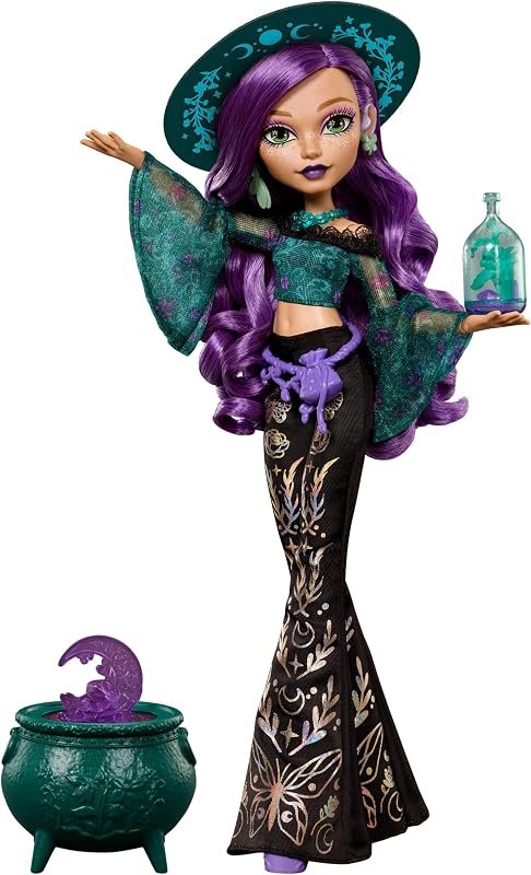 Monster High Poupée Willow Thorne la Sorcière de la Nature et Son Aide auditive, avec des Accessoires comme Le Chaudron Surprise et Un Pot